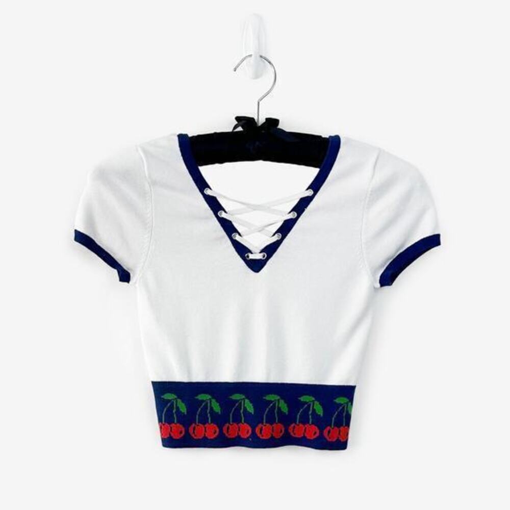 Urban Outfitters Cherry Lace-Up Top Size‎ S Cropped Knit Kitsch Girlcore Summer